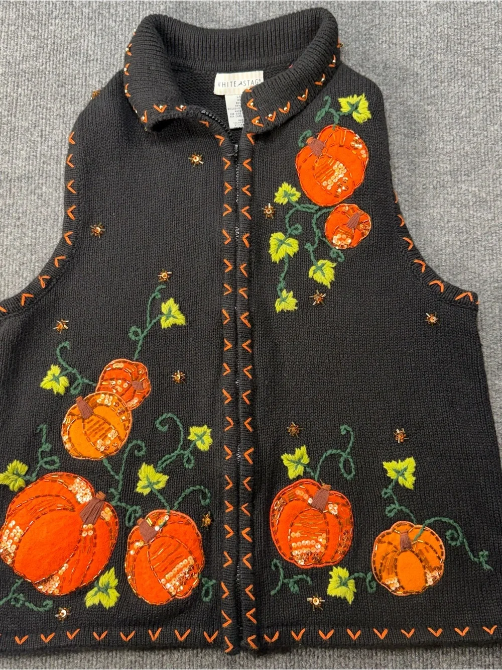 Vintage 90s White Stag Vest M Black Orange Pumpkin Halloween Sequins Ramie Zip